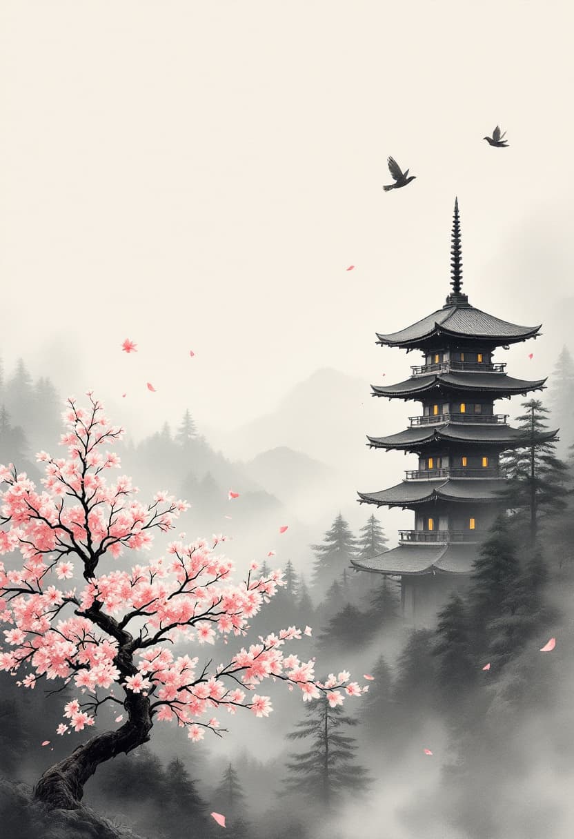 AI generated: raditional Japanese pagoda placed on the right third of the image, leaving open space on the left. M...