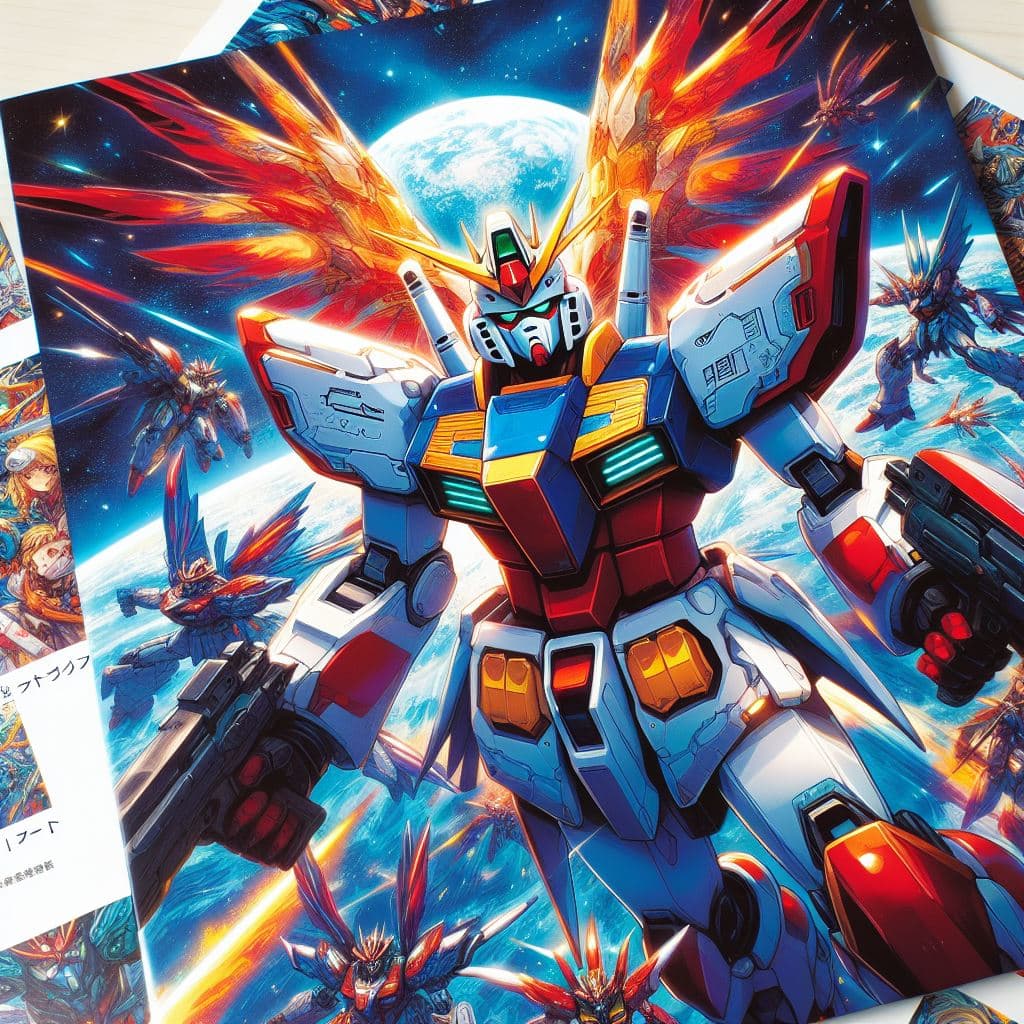 AI generated: Portada de revista japonesa de anime de Gundam con colores llamativos, masterpiece