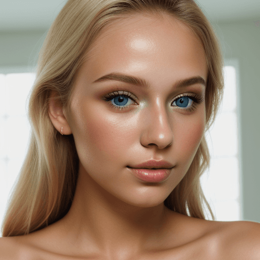 AI generated: close up beauty shot of young blonde woman wearing natural makeup with a little glow