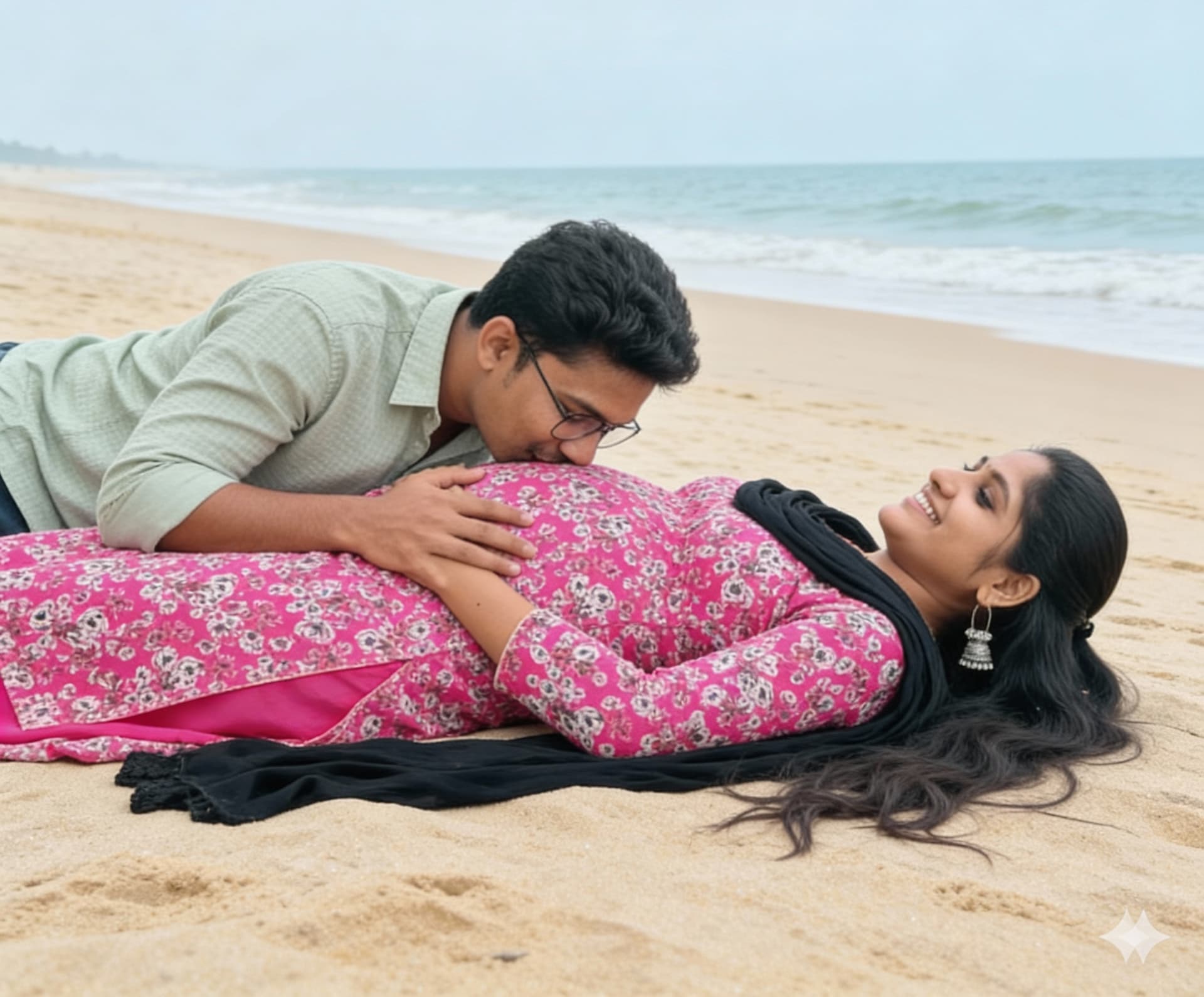 AI generated: The man and woman lying on beach the man kiss her belly