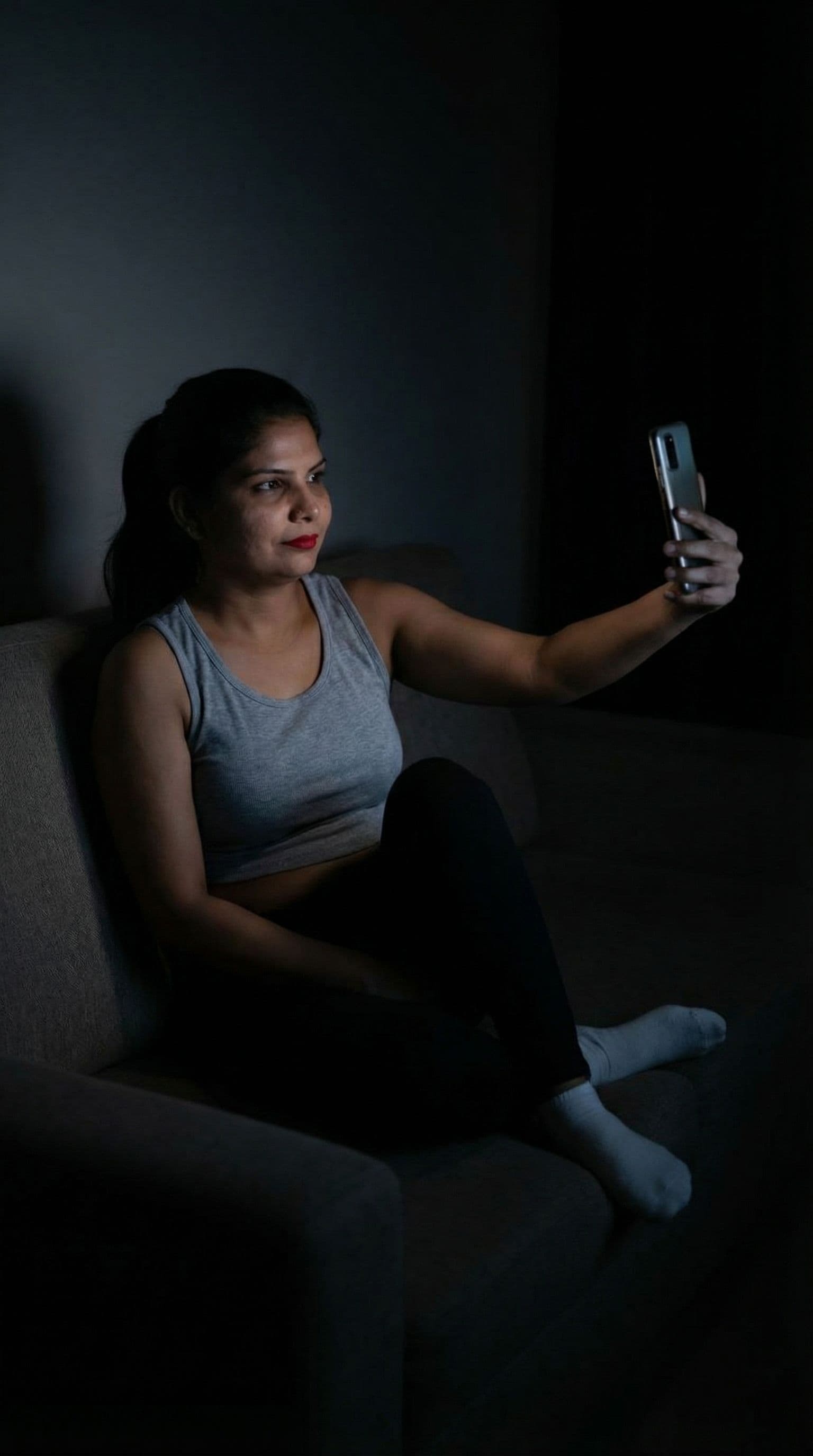 AI generated: Indian, Taking a selfie on a couch at night, no lights, wearing a cropped home tanktop and white soc...
