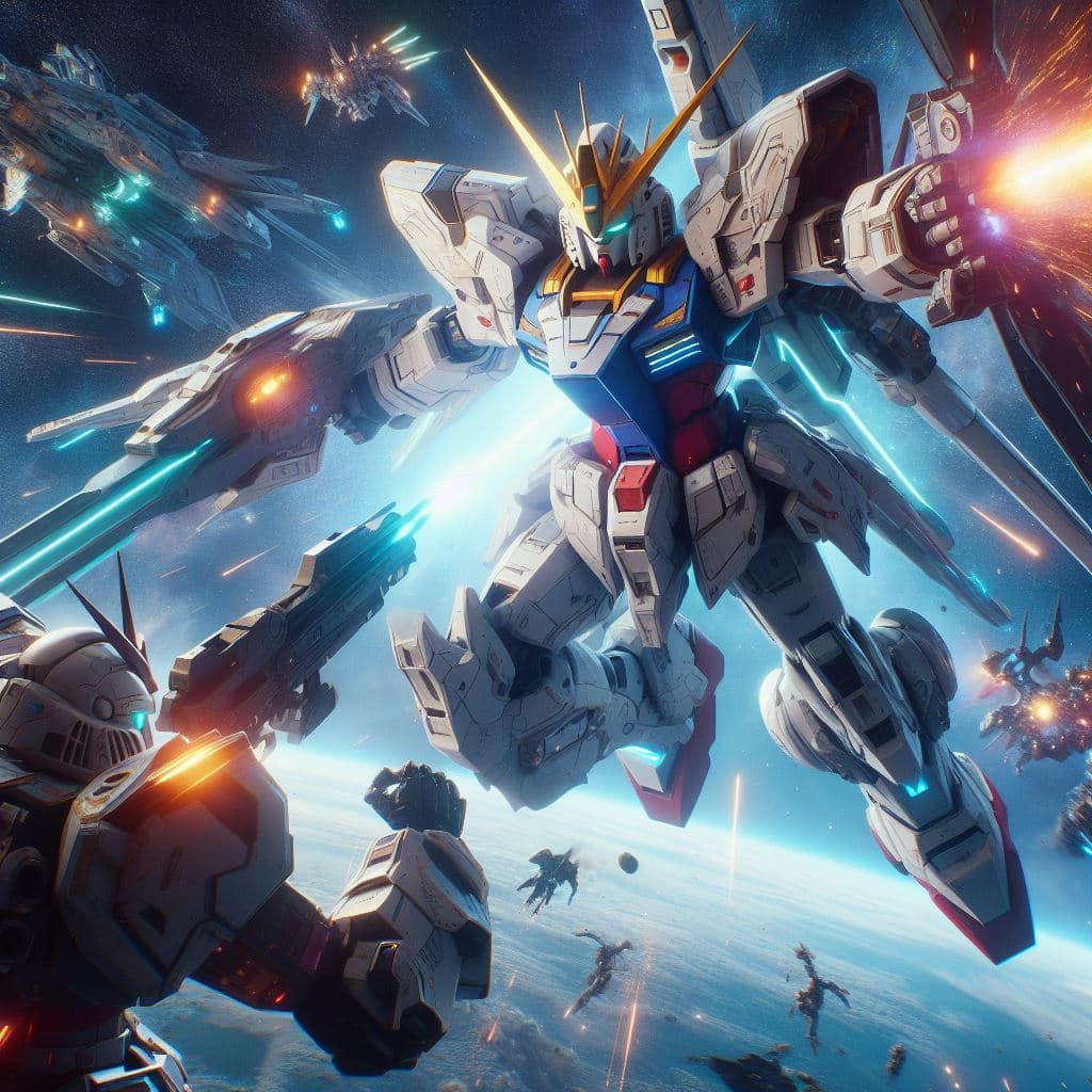 AI generated: Un Gundam Unicorn luchando contra un Zeon Zaku II en una batalla espacial épica, listo para la batal...
