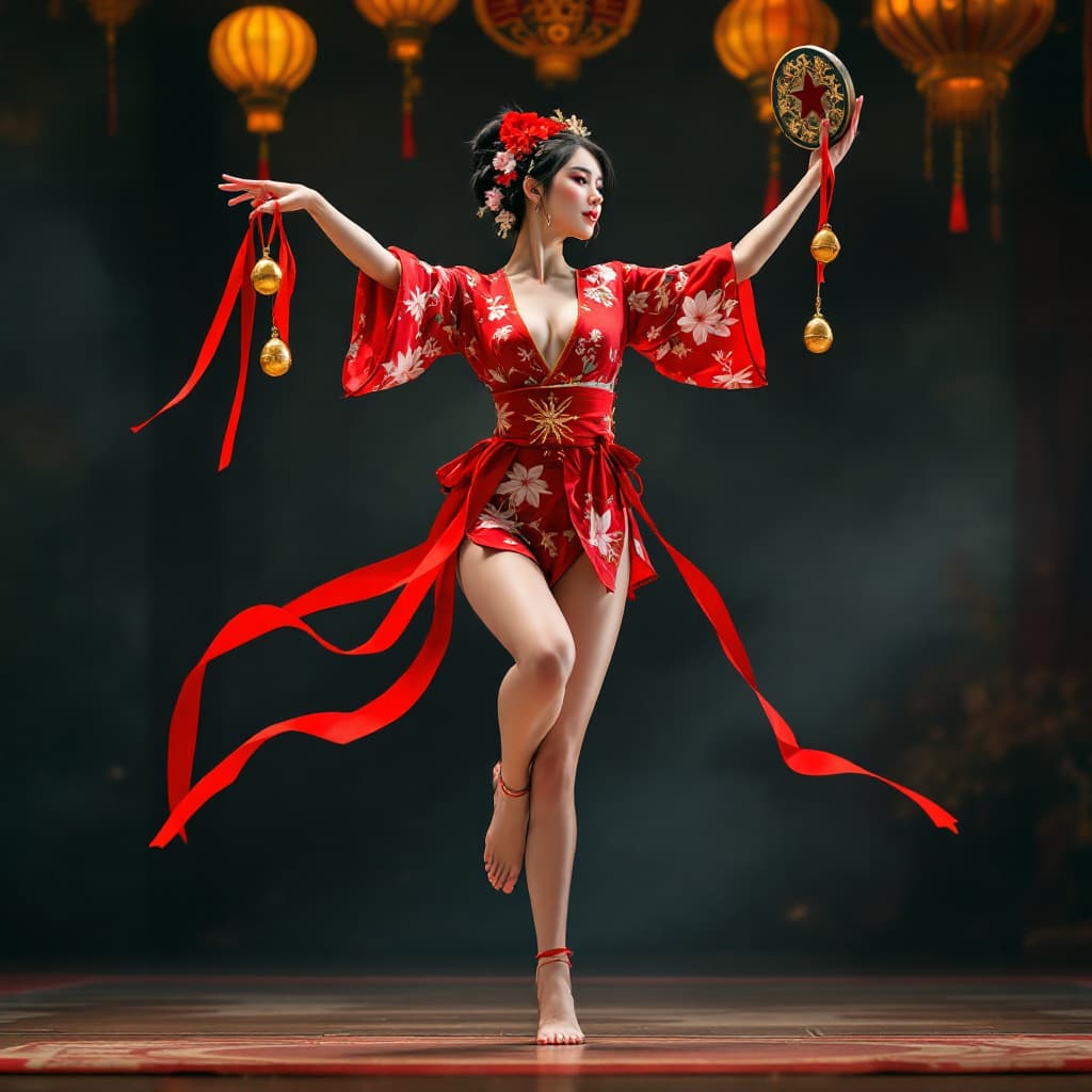 AI generated: Full body view of a beautiful corean woman, short black hair, flower in hair, Very short red flored ...