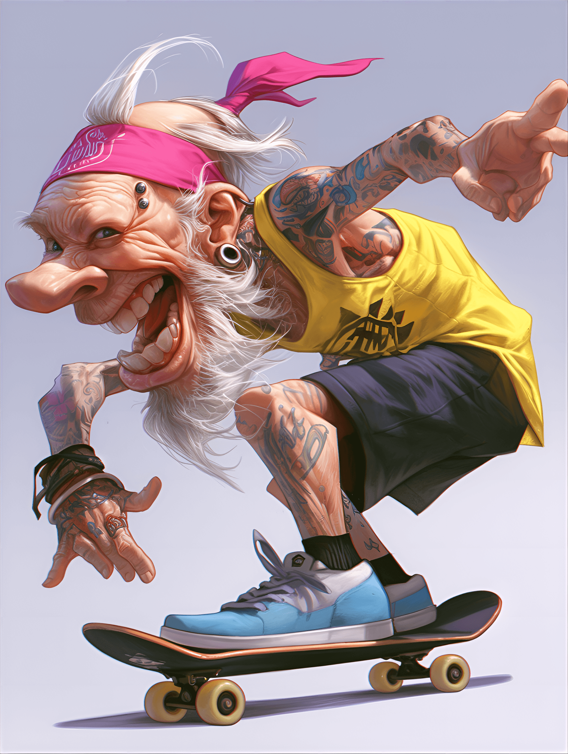 AI generated: funny caricature, rebellious elder punk caricature, elderly caucasian male, 70 years old, tattooed s...