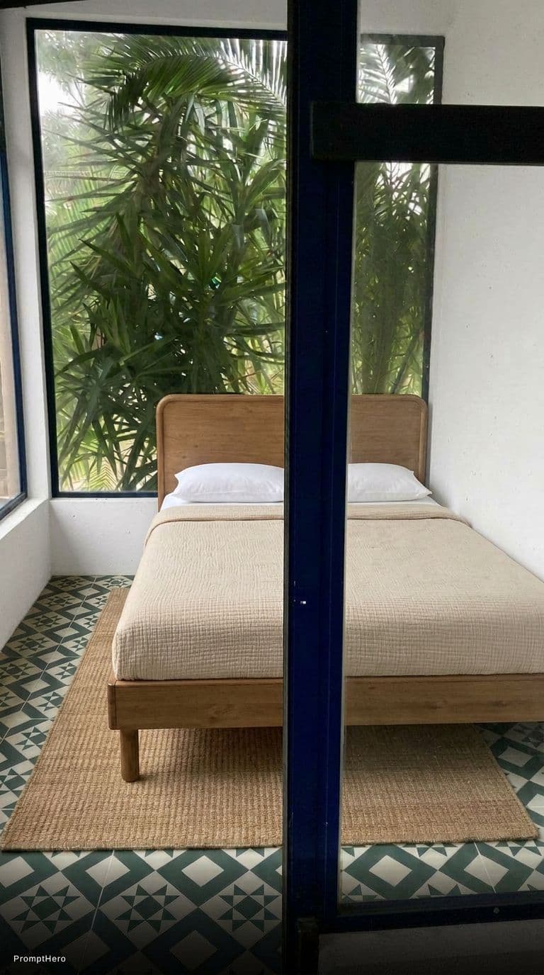 AI generated: Add this bed with the bed head touching the window and the right side of the bed touching the right ...