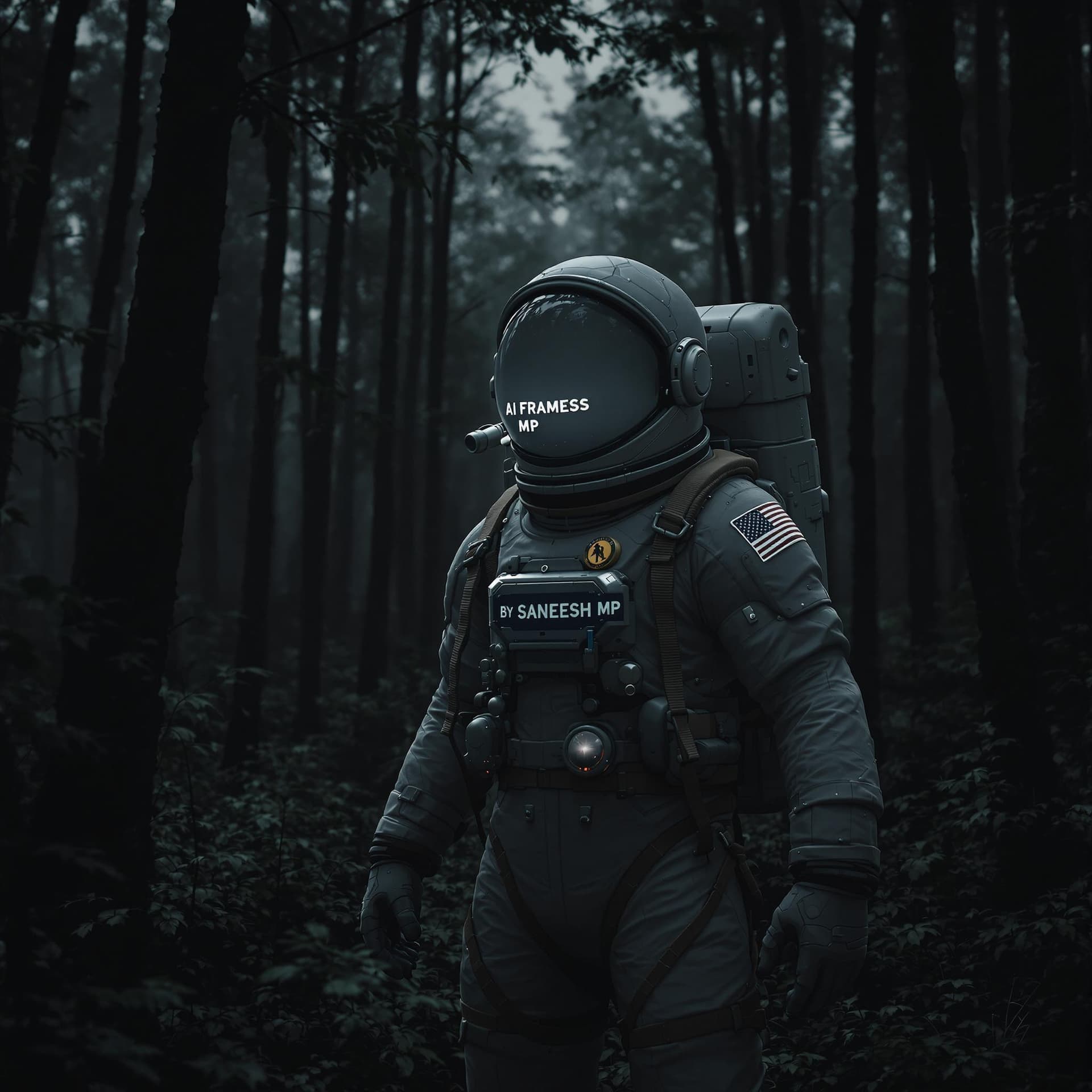 AI generated: Realistic image of an Astronaut in a thick dark forest, cold color palette, muted colors, very detai...