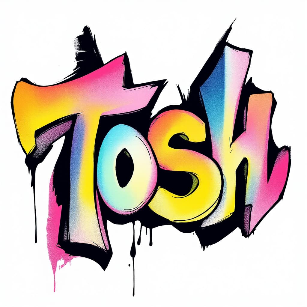 AI generated: a graffiti but cool 'Tosh', isolated on white backgorund. the letters merged and overlapped each oth...