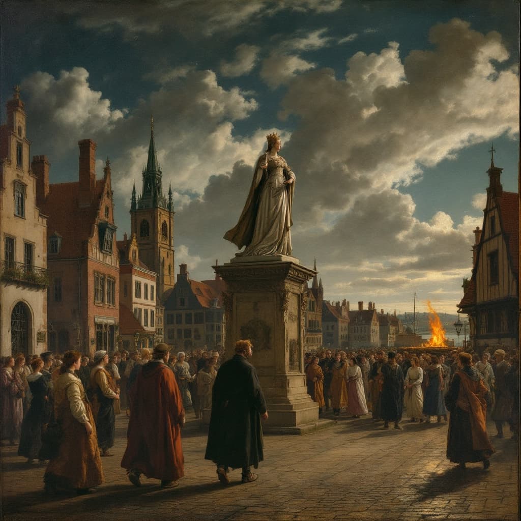 AI generated: A  painting inspired by Jan van Eyck of a statue of Queen Boudica in a town square. Well dressed tow...