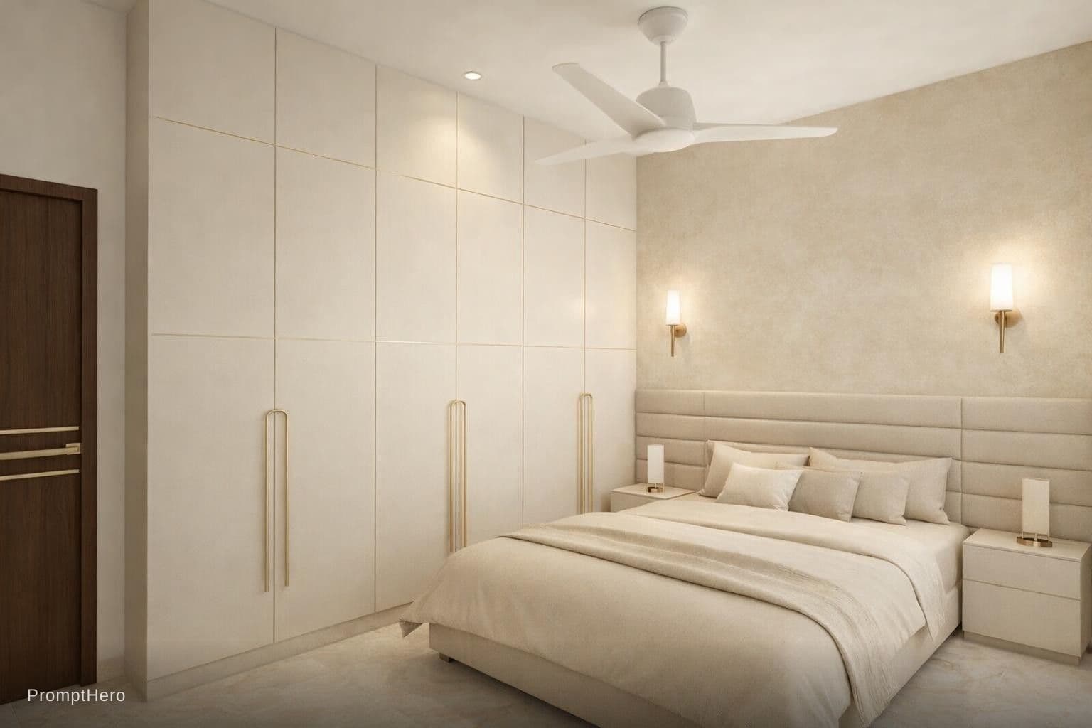 AI generated: Photorealistic modern bedroom interior design with a calm beige color theme for the entire room. Sim...
