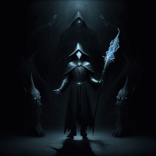 AI generated: wizard in a black room with a bright staff Dark souls sorcerer woth monsters all arownd him.