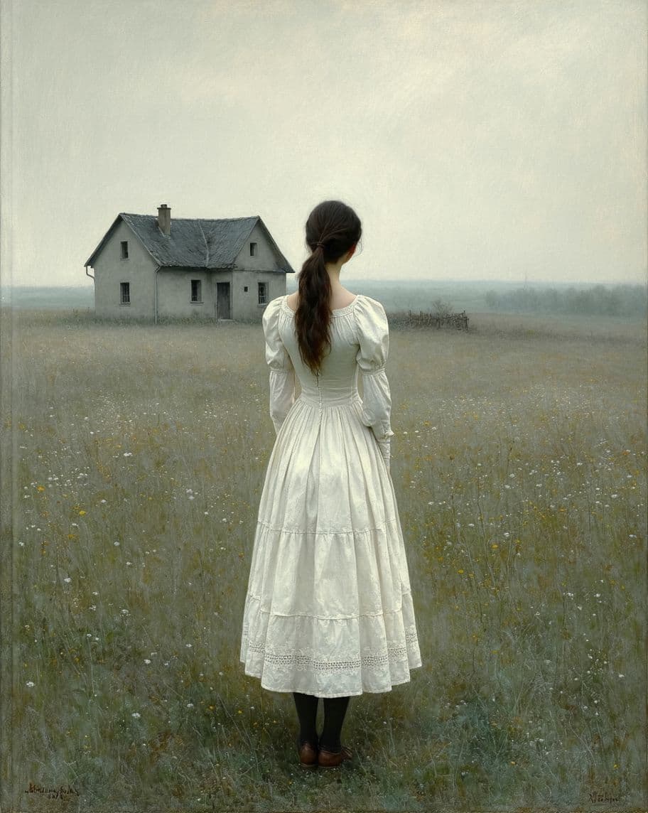 AI generated: Renaissance-style oil painting with loose, textured brushstrokes of A young, fair-skinned woman stan...