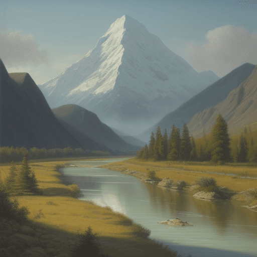 AI generated: Please paint a river and a mountain in oil.