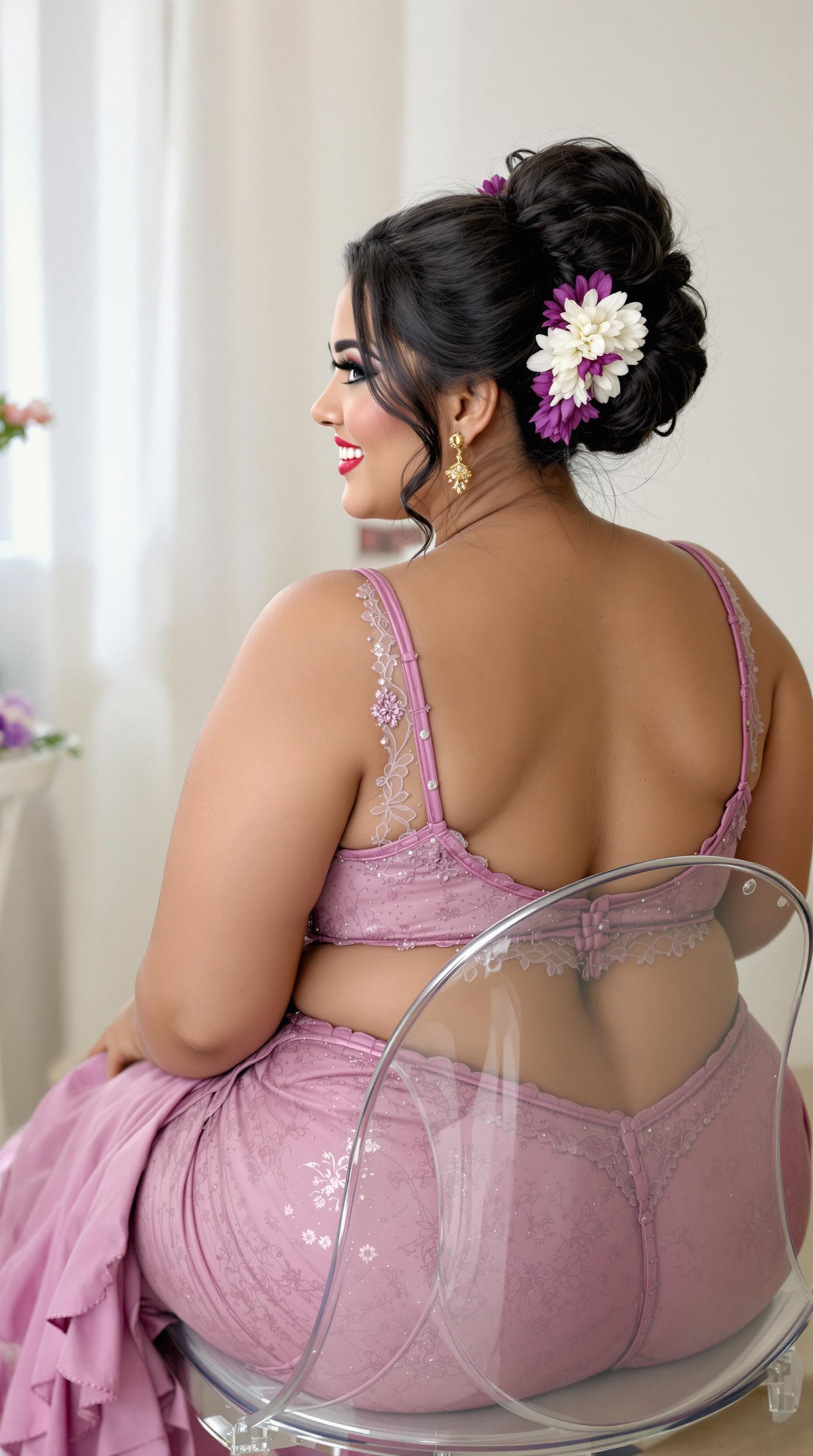 AI generated: a full rear curvy sexy body of an Indian plus size woman  sitting on glass transparent  chair with s...