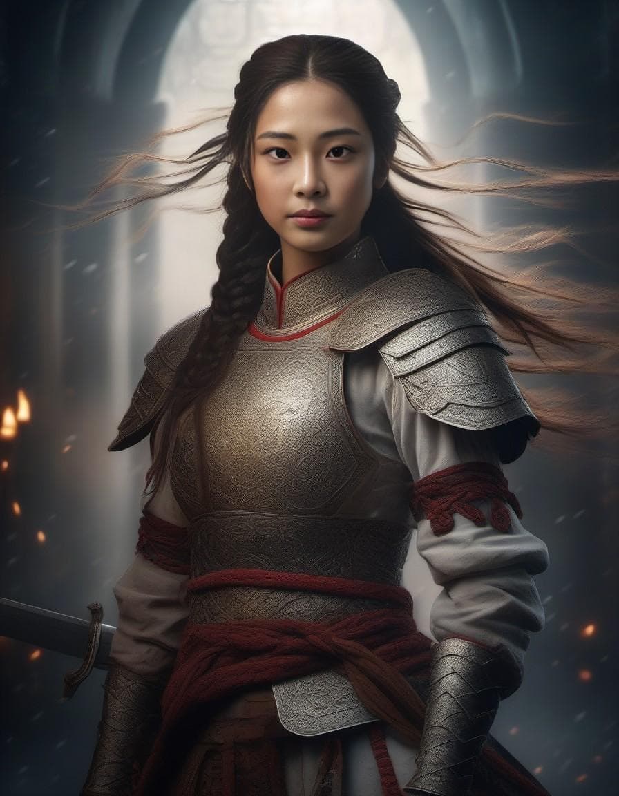 AI generated: Slavic girl knight with braids full body, in dynamic, atmosphere of darkness and horror, dramatic li...