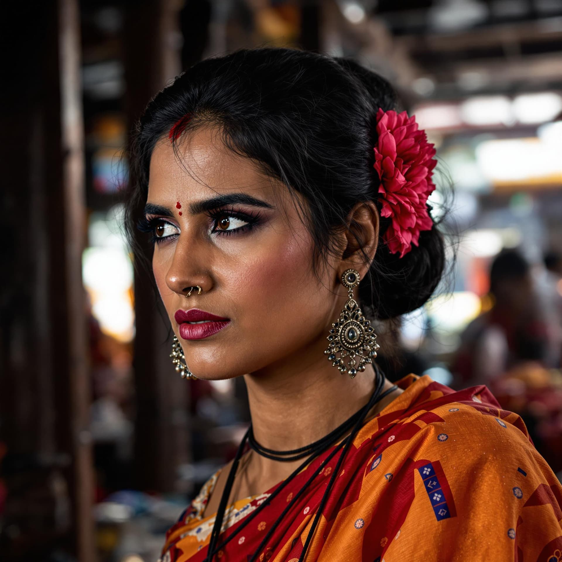 AI generated: A close-up portrait of a woman with dark hair and an intense gaze wearing traditional clothing and j...