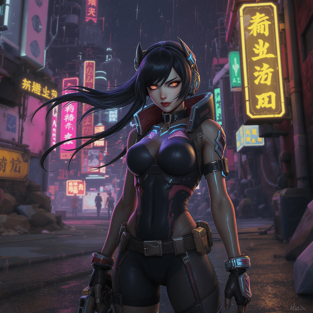 AI generated: Nami in the world of Fortnite.  cyberpunk art by Maciej Kuciara, cgsociety, deconstructivism, darksy...