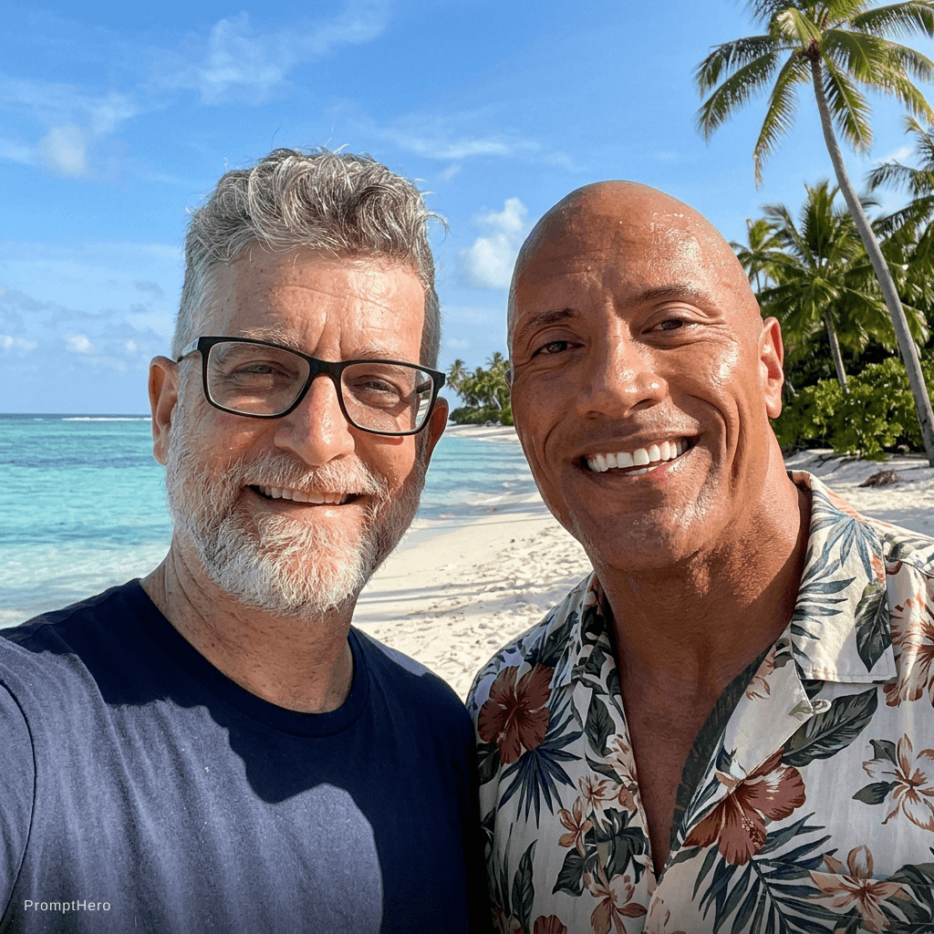 AI generated: with Dwayne Johnson at a tropical beach, sunny day, both smiling