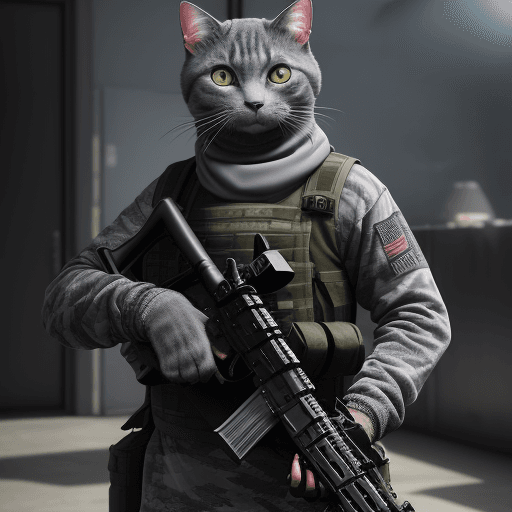 AI generated: A menacing grey cat terrorist wearing rag-tag attire, holding a customized rifle, anthropomorphic, s...