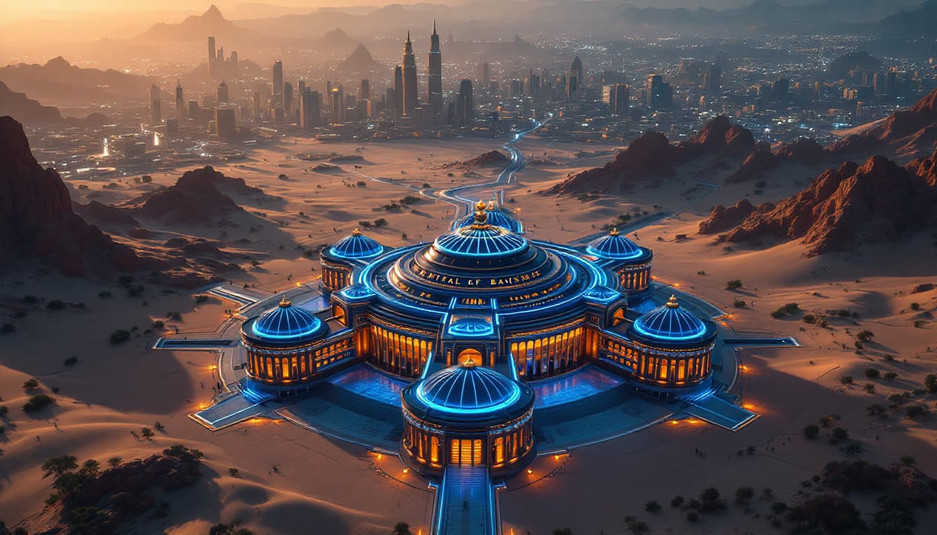 AI generated: The Central bank as seen from above : this imposing building in the center of a futuristic sci-fi ci...
