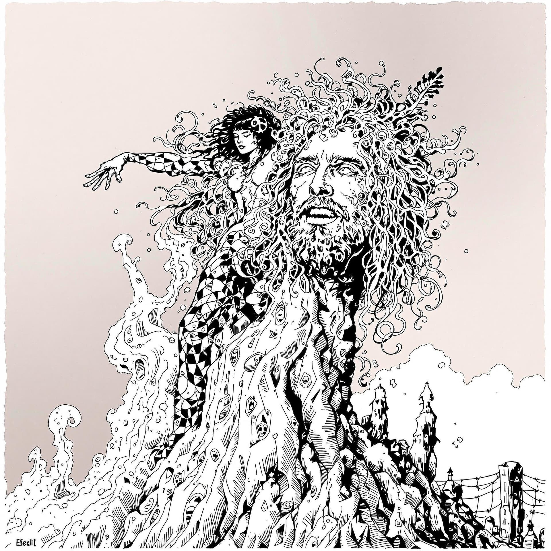 AI generated: A hippie and his girlfriend pen and ink sketch from, the 60's of the two of them rising up from the ...