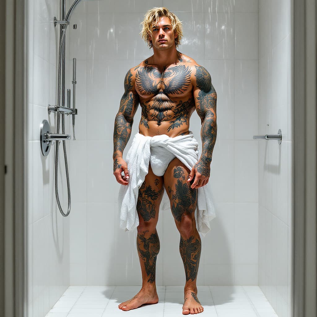 AI generated: Full body view, tall toned jock, blue eyes, wavy blond messy hair, lots of tattoos, eagle chest tatt...