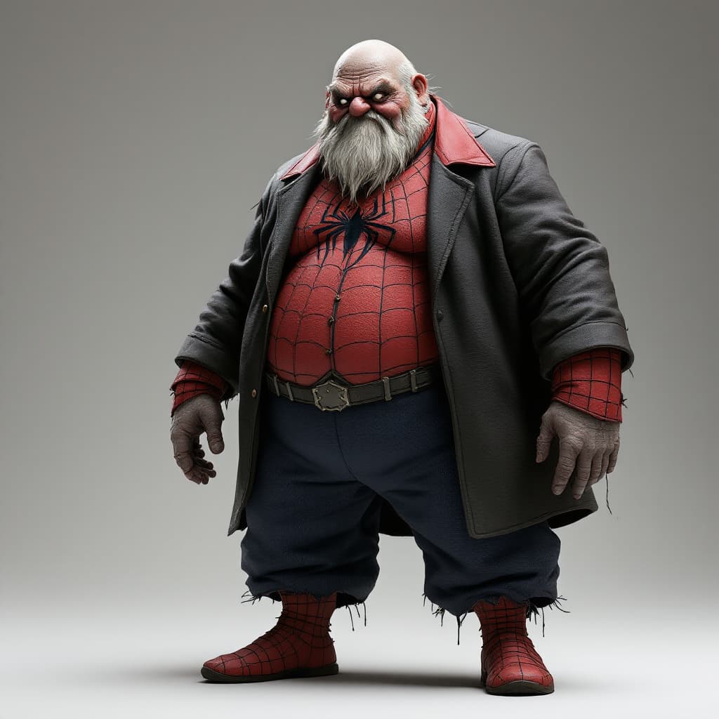 AI generated: {lonley, fat, old spiderman}, costume old, mold humid, elegant, fancy bar scotch, front view, hyper ...
