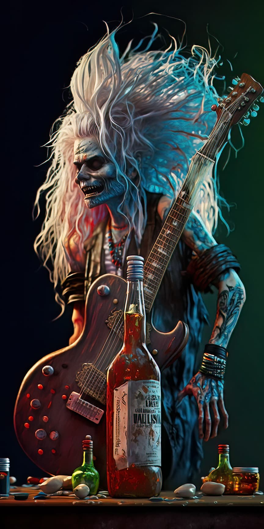 AI generated: Conceptual 3D render image of a drunk punk Medusa the legendary Gorgon of Greek mythology, with her ...