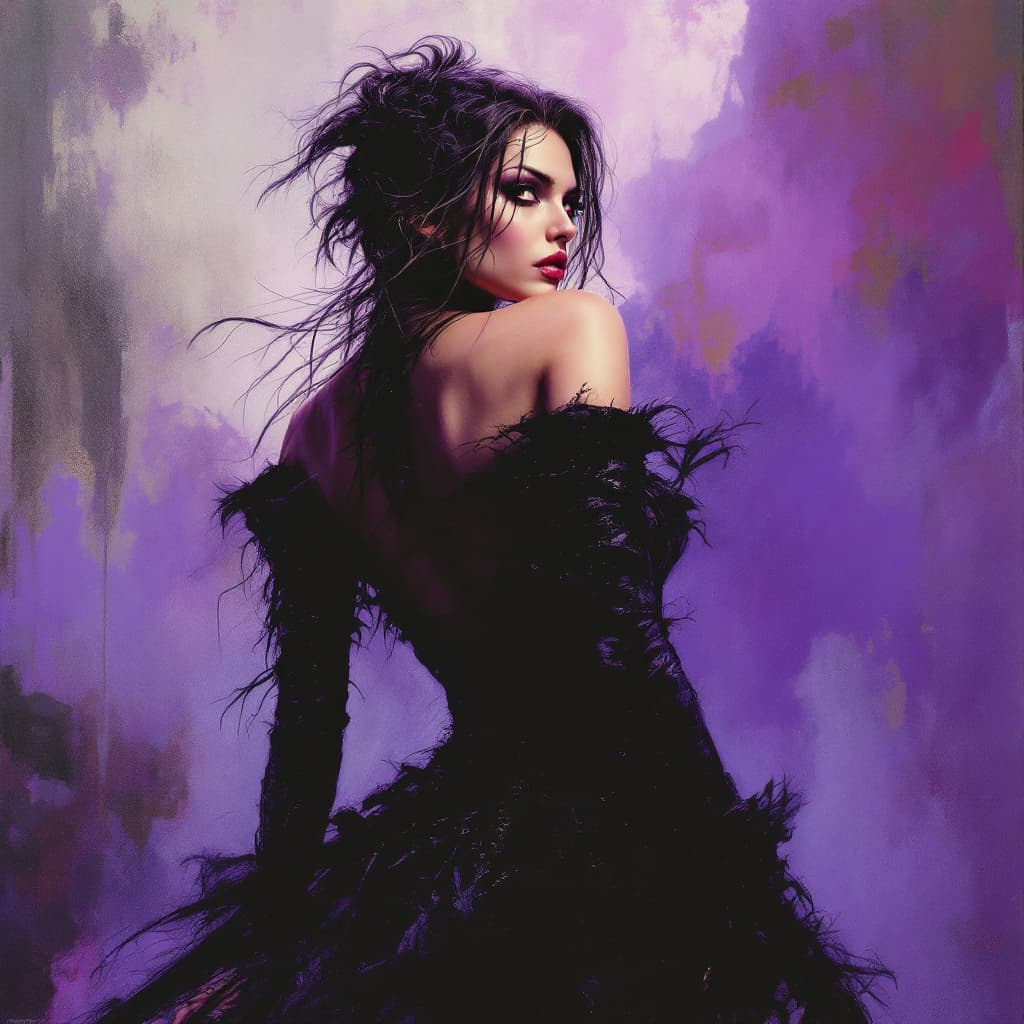 AI generated: Color beautiful female villains, by Royo Sanjulian and Giger from behind, she is looking over her sh...