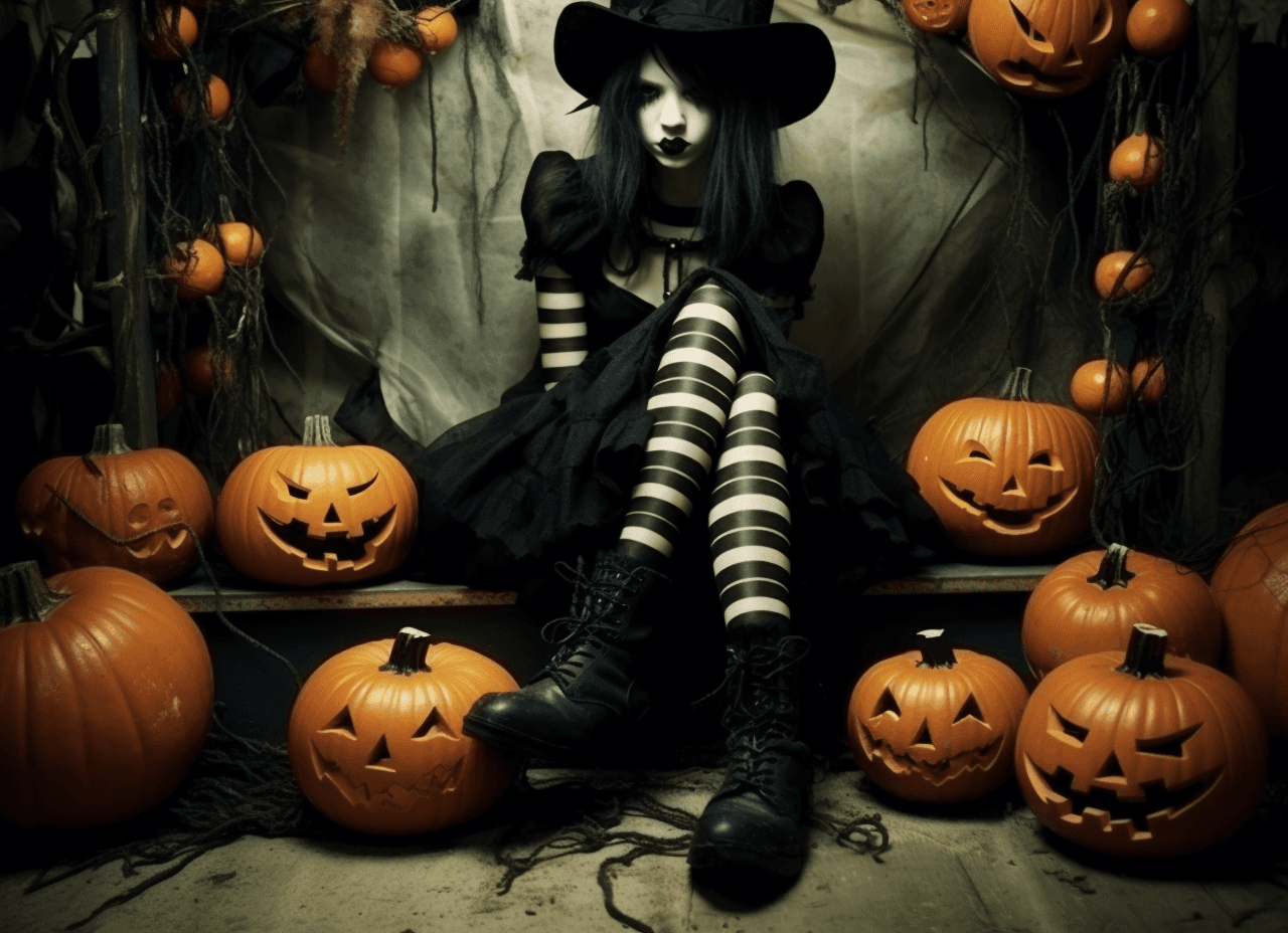 AI generated: halloween witch with pumpkins stock photo, in the style of katia chausheva, shoe paintings, striped,...