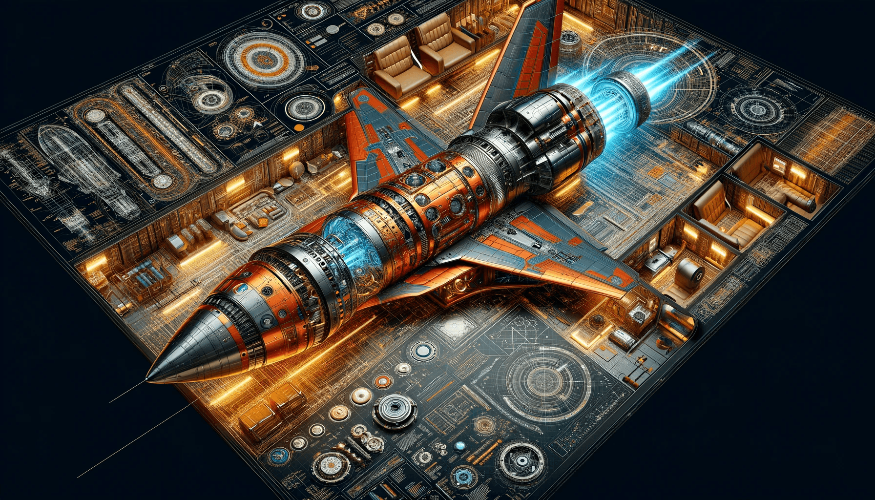 AI generated: Produce an ultra-realistic and detailed technical illustration of a spacecraft, rendered in 3D, show...