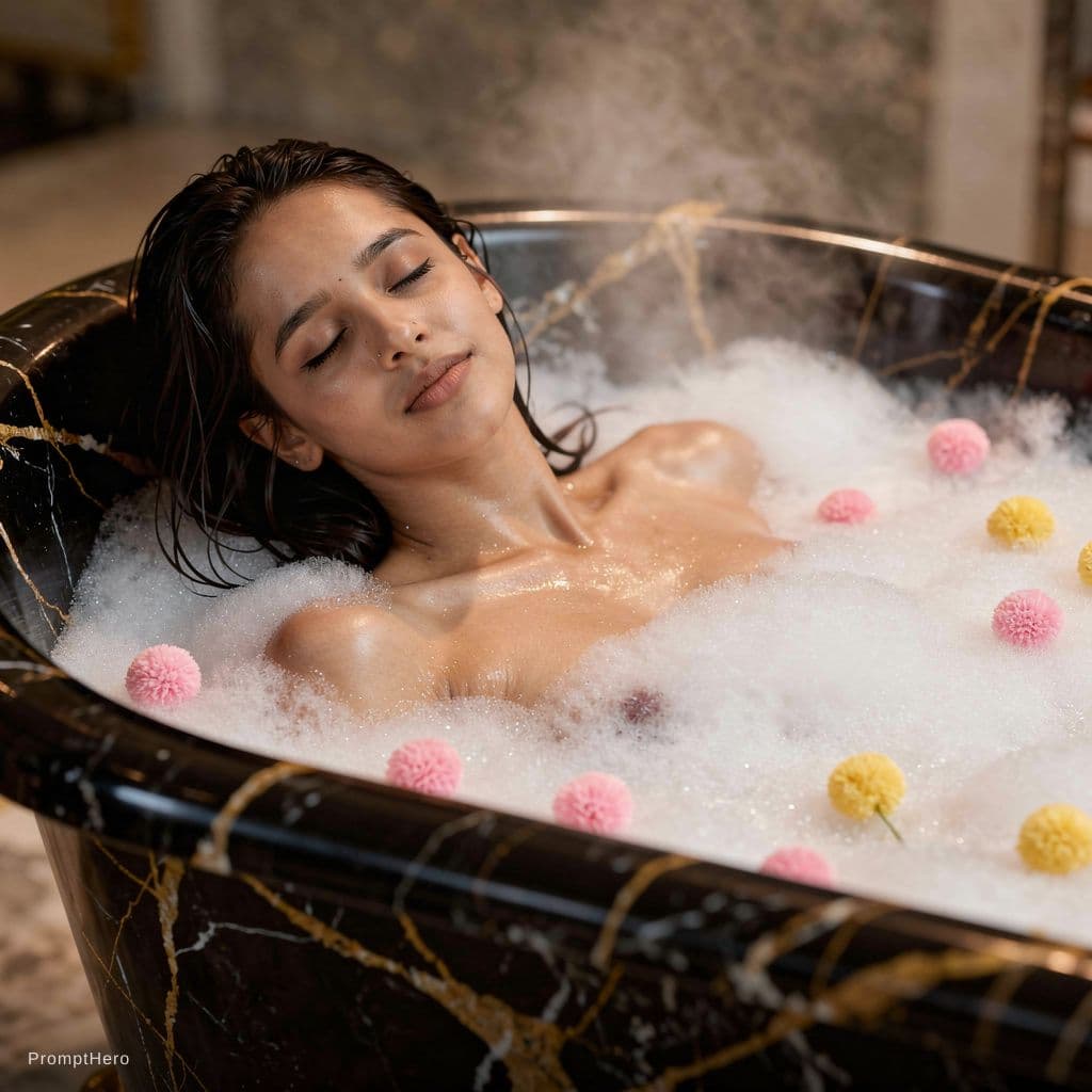 AI generated: A woman with dark, wet hair floating peacefully in a luxurious marble bathtub filled with rich white...