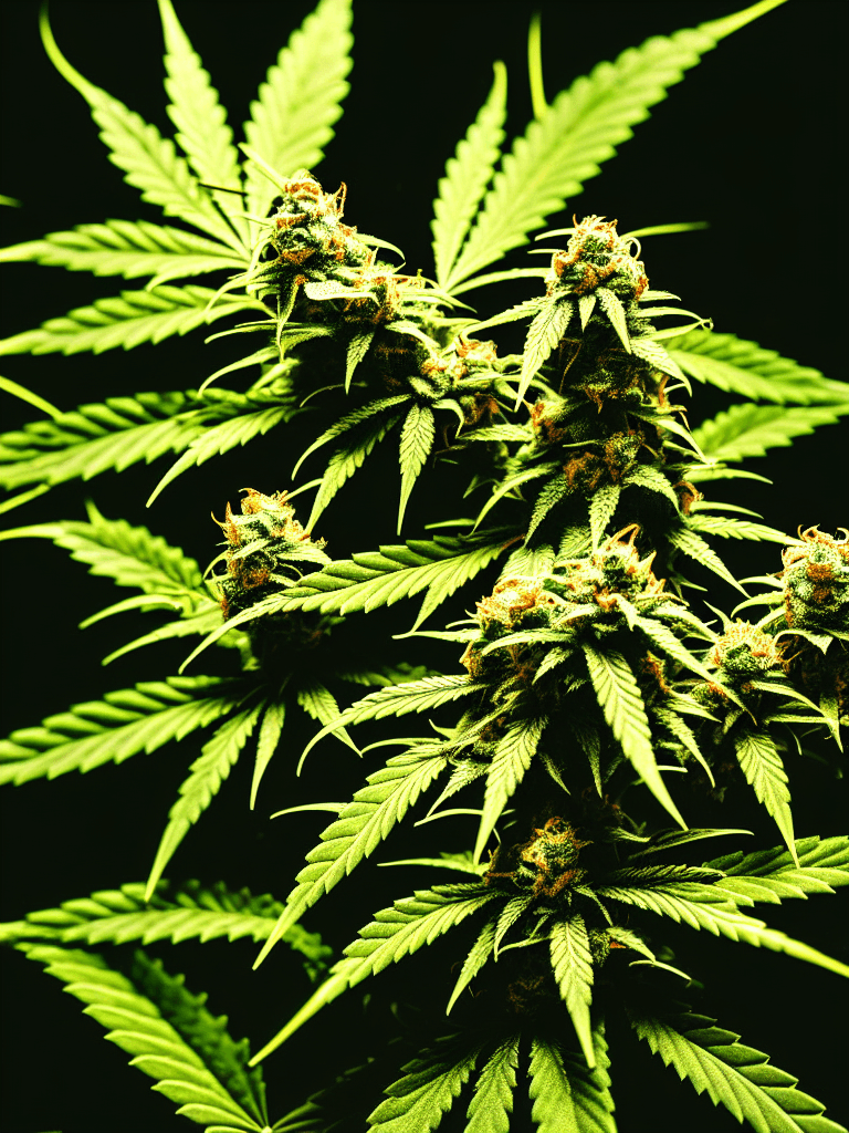 AI generated: A 35mm photography of a highly detailed cannabis plant in bloom, full size, sativa, day time, photor...