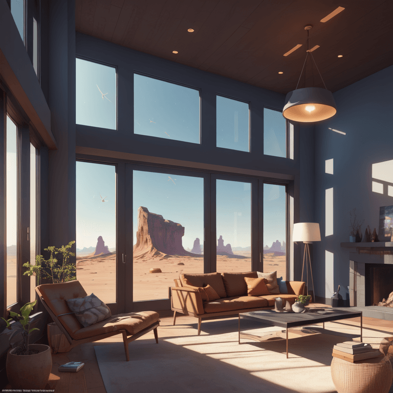 AI generated: modern living room with windows, martian surface view outside, fantasy, digital art, photo, extremel...