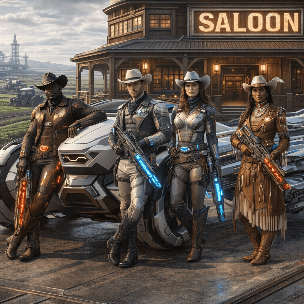 AI generated: Create an image of four futuristic, but different-looking, Human Cowboys and Cowgirls, Black Cowboys...