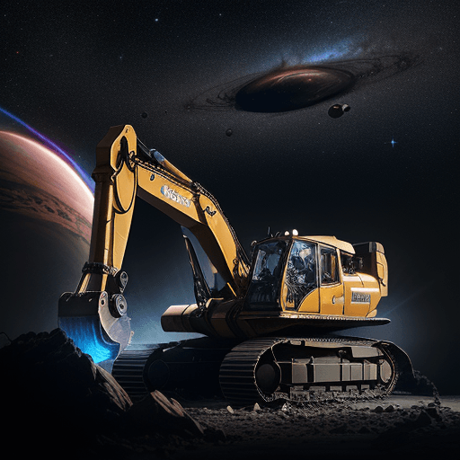 AI generated: 
Hyperrealistic photograph at eye level of a Caterpillar brand excavator 
 with outer space landscap...