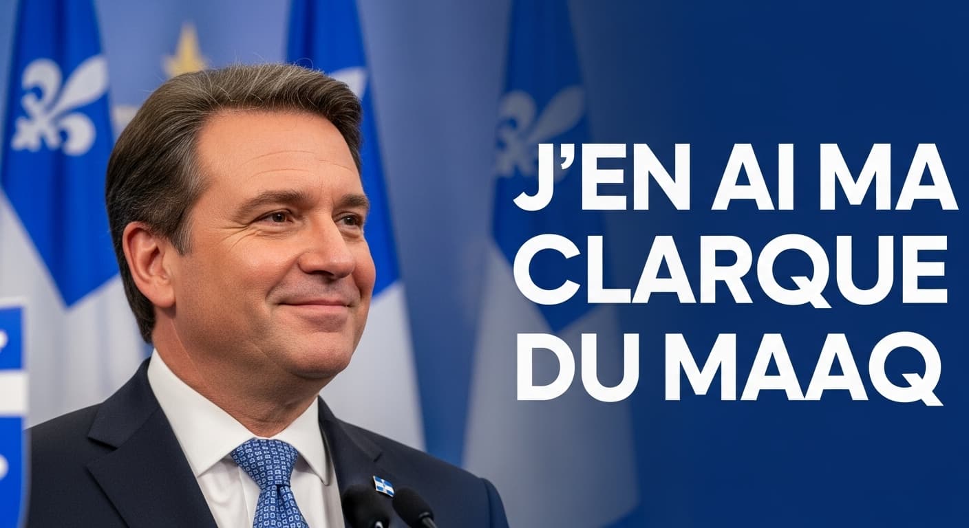 AI generated:  quebec prime minister  francois  legeault photoi mage banner and text j.en ais ma clacque du macq