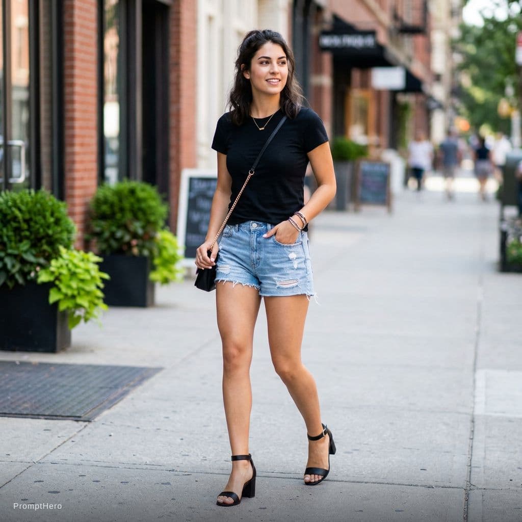 AI generated: Do this girl in mini shorts, black topic and high heels