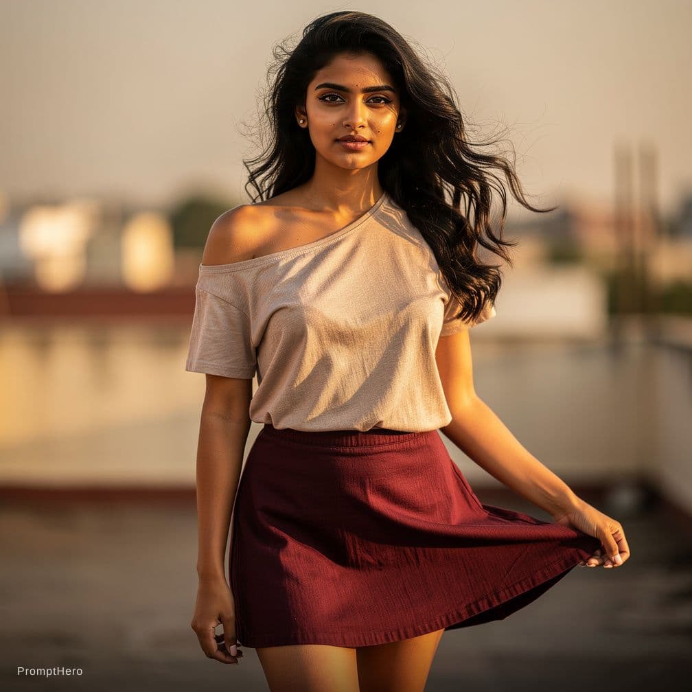 AI generated: Create an ultra-realistic 8k portrait of an Indian woman.
Wearing: A short t-shirt on top, which is ...