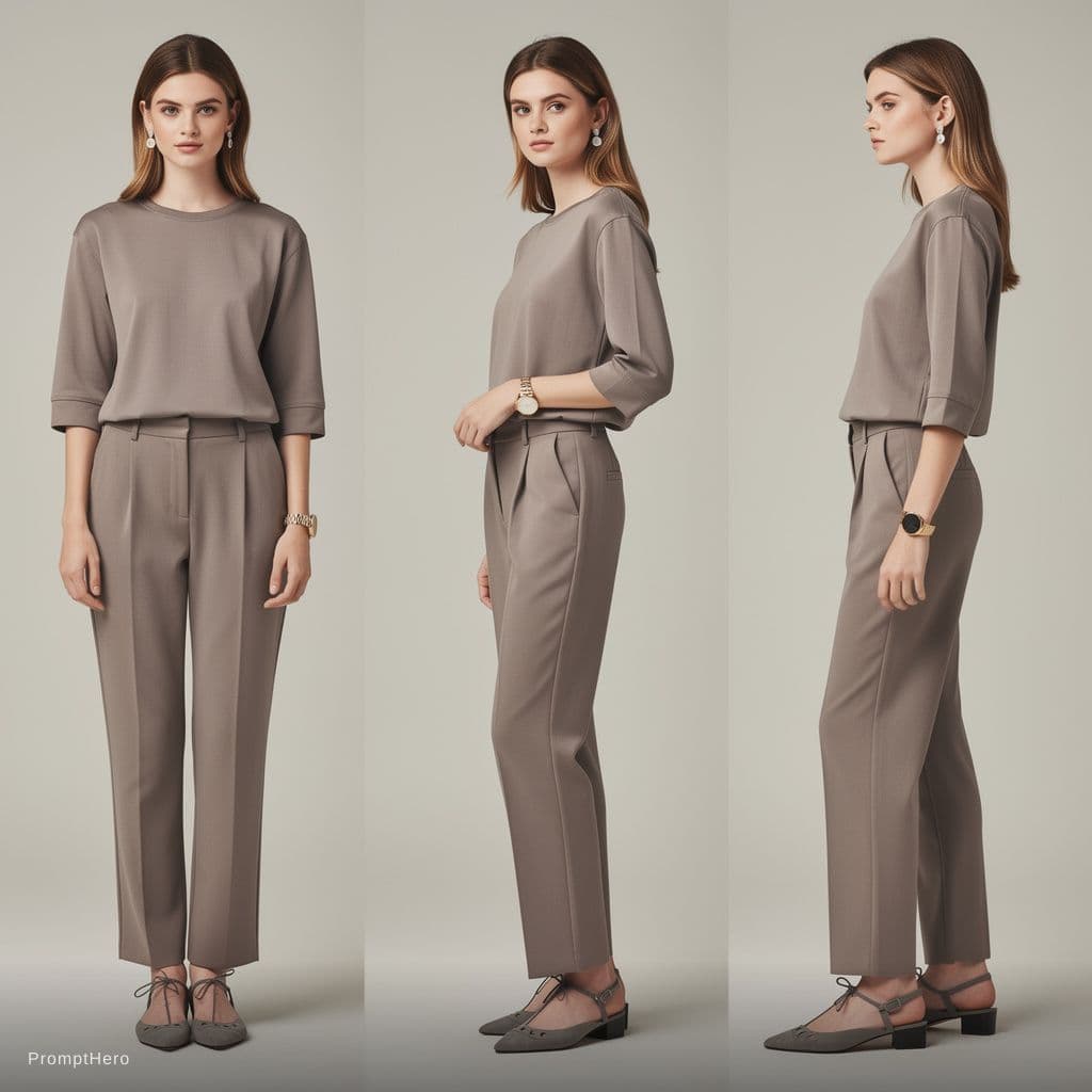 AI generated: Create a photoshoot of woman model wearing  this full clothing set make sure thé clothing set remain...