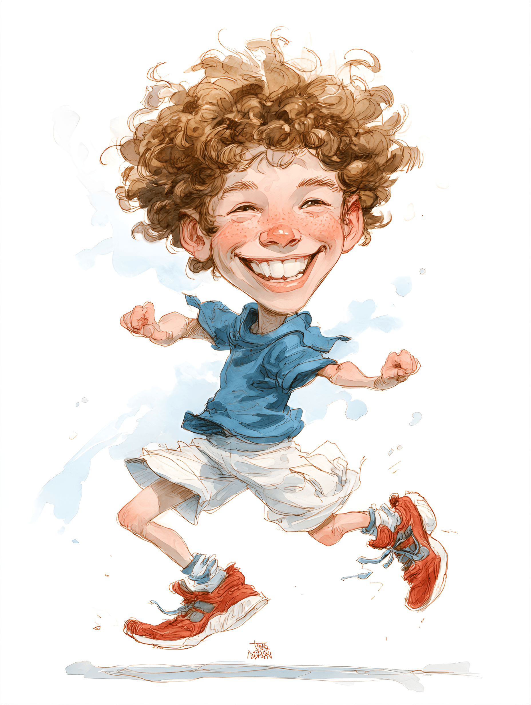 AI generated: funny caricature, energetic boy caricature, juvenile cheerful male, 7 years old, curly hair, freckle...