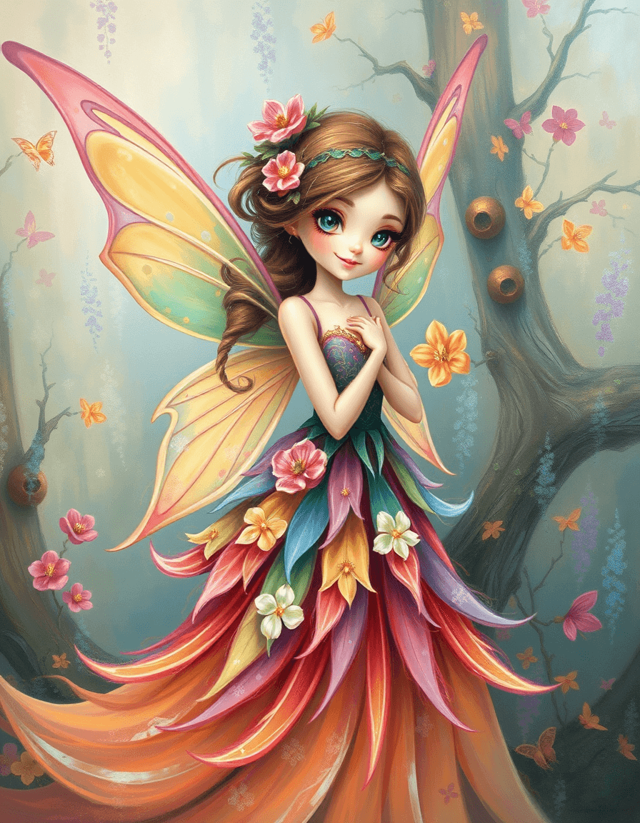 AI generated: A captivating painting of a whimsical and beautiful fairy. She has delicate wings adorned with flowe...