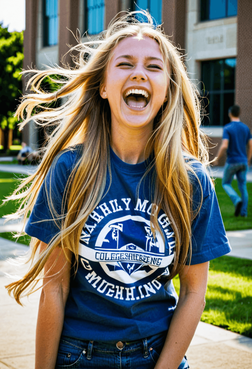 AI generated: iphone photo woman with long blonde hair, wearing college t-shirt, jeans, laughing hysterically, out...