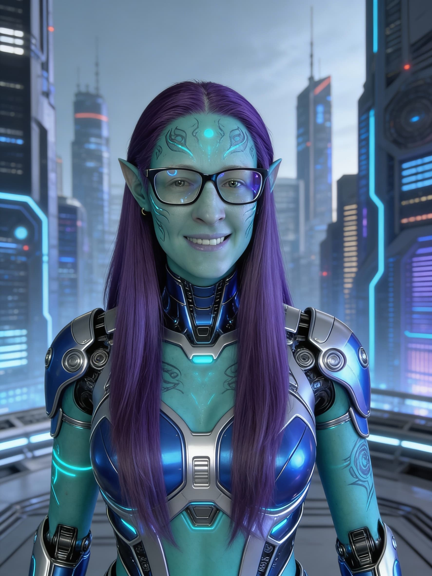 AI generated: Create a new species from this original. Alter with Sci-Fi cityscape backdrop, pose the character na...