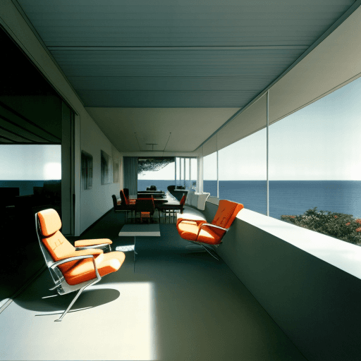 AI generated: Hyper realistic eye level exterior photo of a mid century modern style house overlooking the ocean, ...