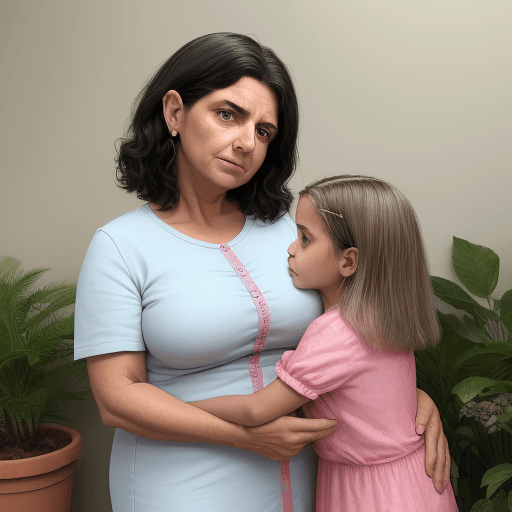 AI generated: Mãe abraçando sua filha. estão no jardim. Mão de 40 anos, cabelo curto de vestido. filha de 7 anos, ...