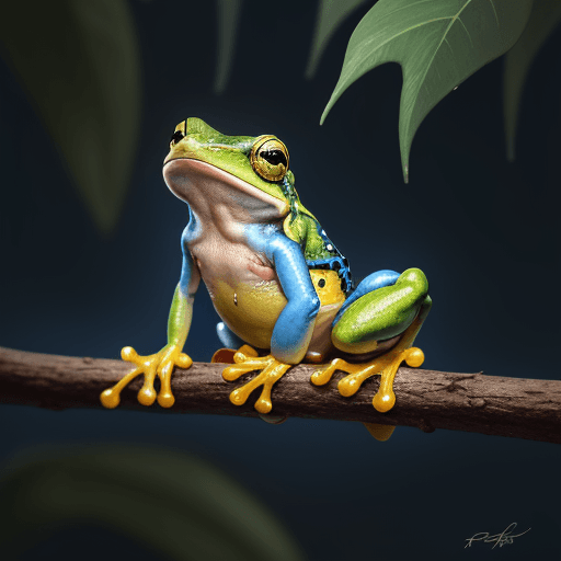 AI generated: a blue and yellow frog sitting on top of a tree branch, a photorealistic painting by Fred A. Precht,...