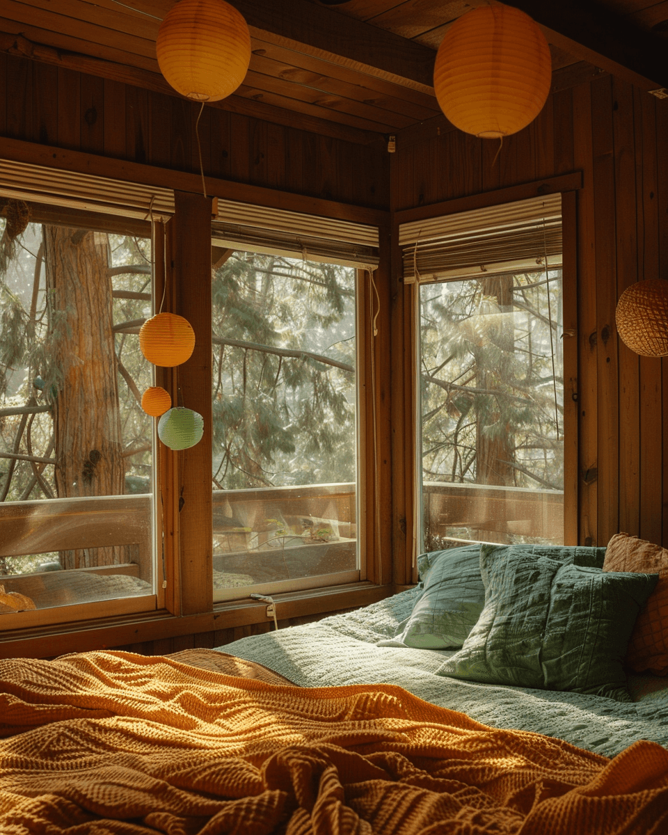 AI generated: two bed with pillows and blankets, in the style of cottagepunk, atmospheric light, joel robison, fes...