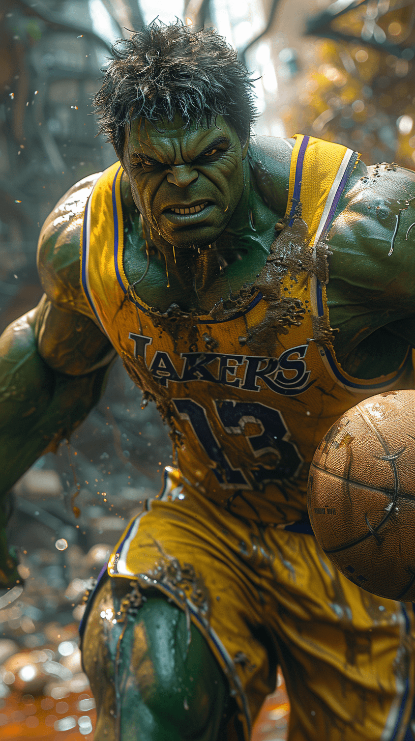 AI generated: Marvel's Hulk playing basketball, he is jumping to dunk on the hoop and he is dressed in the Lakers ...