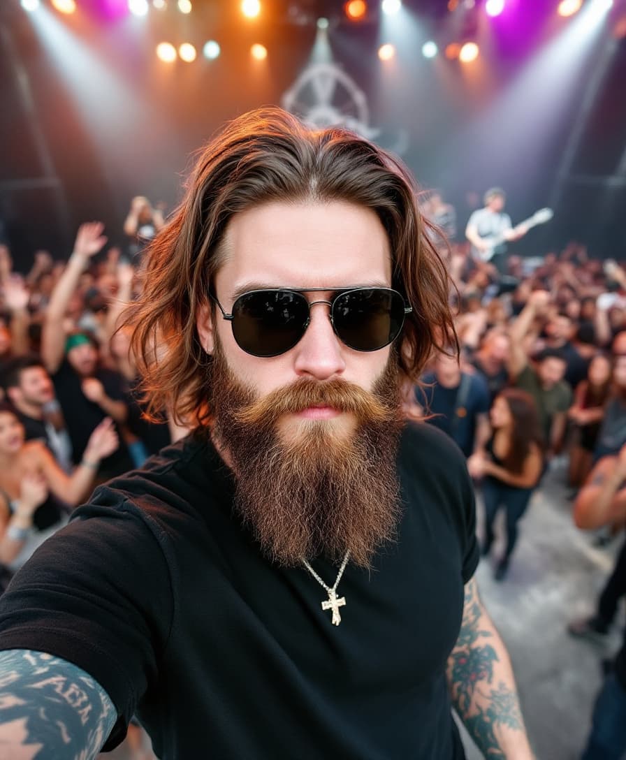 AI generated: A young Caucasian man with medium-long brown hair, a long beard, wearing sunglasses and a black t-sh...