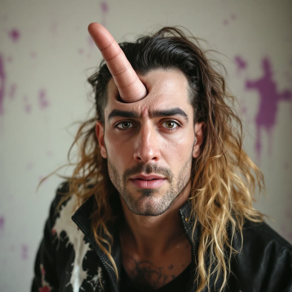 AI generated: A drag queen with a finger growing out of his forehead.